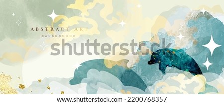 Luxury watercolor ocean background vector. Elegant abstract wallpaper design with sparkle shapes, stars, sea waves, group of dolphins. Golden painting illustration for wall art , print, decorative.