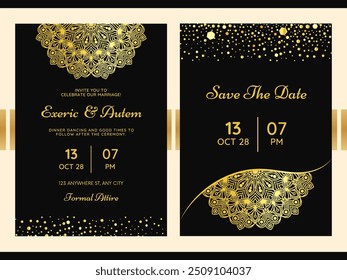 Luxury watercolor wedding invitation card template set with gold glitter and line decoration