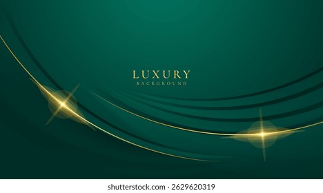 Luxury wave green dark background combine with glowing golden lines. Overlap layer textured background