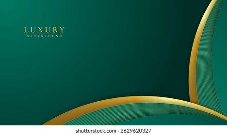 Luxury wave green dark background combine with glowing golden lines. Overlap layer textured background