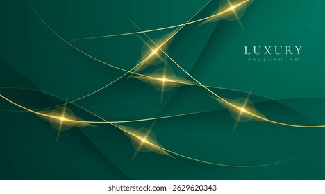 Luxury wave green dark background combine with glowing golden lines. Overlap layer textured background