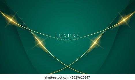 Luxury wave green dark background combine with glowing golden lines. Overlap layer textured background