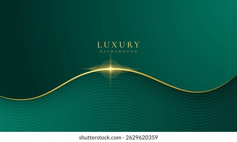 Luxury wave green dark background combine with glowing golden lines. Overlap layer textured background