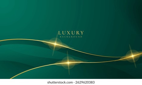 Luxury wave green dark background combine with glowing golden lines. Overlap layer textured background