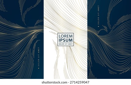 Patrón de onda de lujo, líneas de oro elegantes, Elementos art deco. Fondo abstracto premium de Vector, texturas de agua que fluyen japonesas. Etiquetas de vino, embalaje de chocolate, cajas de regalo, menú