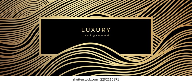 Luxury wavy golden lines. Abstract landscape with field or meadow. Line art background design. Linear striped pattern. Vector illustration. Gold and black banner with frame