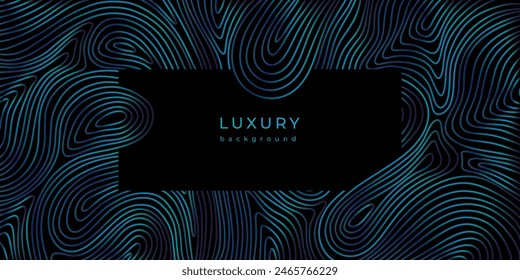 Luxury wavy linear banner. Shiny blue waves on black background. Swirl pattern. Template with gradient lines. Decorative stormy sea, ocean. Curved lines. Water texture. Flowing liquid