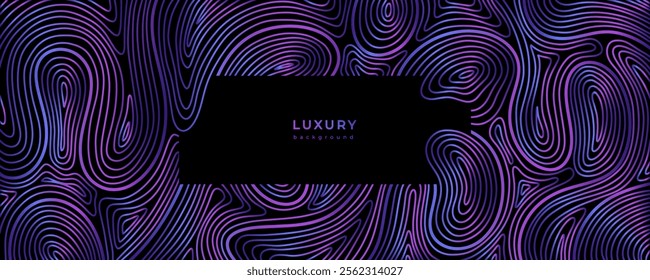 Luxury wavy linear banner. Shiny purple waves on black background. Swirl pattern. Template with gradient lines. Curved lines. Flowing liquid. Abstract technology banner