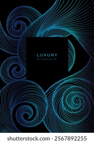Luxury wavy linear template. Japanese style waves. Shiny blue waves on black background. Swirl pattern. Poster with gradient lines. Sea, ocean. Curved lines. Water texture