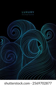 Luxury wavy linear template. Shiny blue waves on black background. Swirl pattern. Poster with gradient lines. Sea, ocean. Curved lines. Water texture. Japanese style waves