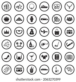 Luxury And Wealth Icons. Black Flat Design In Circle. Vector Illustration.