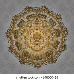 Luxury weave pattern. Unusual greeting in oriental boho chic style. Decorative vintage print. Vector invitation with golden mandala design element. Round ornament. Square invite template.