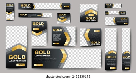 Diseño de plantilla de banner publicitario web de lujo. Negro y dorado. Conjunto de diseño web moderno con tamaño estándar. vector