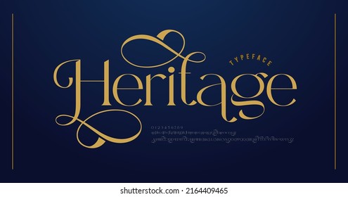 Letra de letras del alfabeto de bodas de lujo con colas. Tipografía elegante letras clásicas serif tipografía y el concepto retro vintage decorativo para marca de logotipo. ilustración vectorial