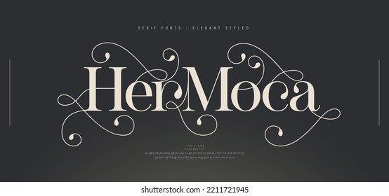 Luxury wedding alphabet letters font with tails. Typography elegant classic serif fonts and number decorative vintage retro concept for logo branding. vector illustration