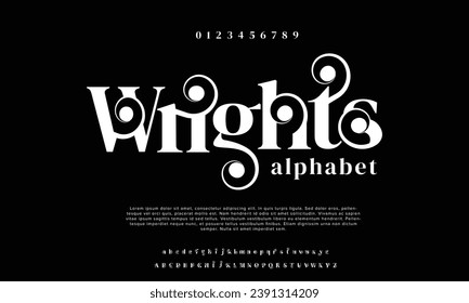 Luxury wedding alphabet letters font with tails. Typography elegant classic serif fonts and number decorative vintage retro concept for logo branding. vector illustration