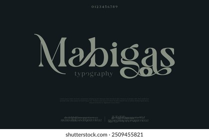 Luxury wedding alphabet letters font with tails. Typography elegant classic lettering serif fonts and number decorative vintage retro concept for logo branding. vector illustration 