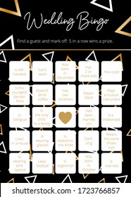 Luxury wedding bingo tickets for fun party. 5 in row game for guests. Elegant easy printable vector template: 10*14 in