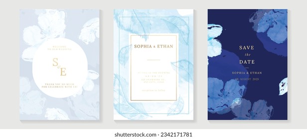 Luxury wedding blue invitation card background with golden line art flower and botanical leaves, Organic shapes, Watercolor. Abstract art background vector design for wedding and vip cover template.