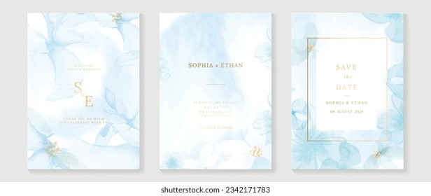 Luxury wedding blue invitation card background with golden line art flower and botanical leaves, Organic shapes, Watercolor. Abstract art background vector design for wedding and vip cover template.