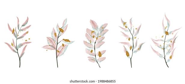 Luxury wedding bouquets watercolor and gold splatters vector set. Floral foliage, tropical leaves, artificial plants , Botanical art design set for wedding logo, wall art, canvas prints, invite card.