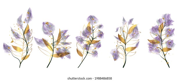 Luxury wedding bouquets watercolor and gold splatters vector set. Floral foliage, tropical leaves, artificial plants , Botanical art design set for wedding logo, wall art, canvas prints, invite card.