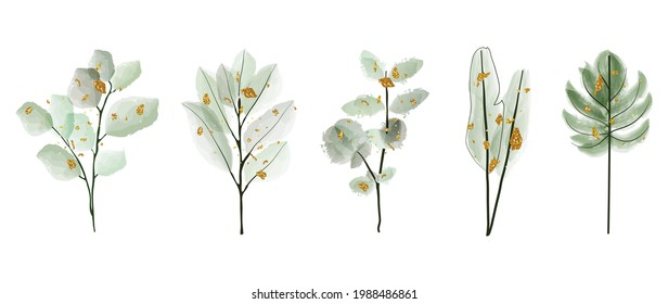 Luxury wedding bouquets watercolor and gold splatters vector set. Floral foliage, tropical leaves, artificial plants , Botanical art design set for wedding logo, wall art, canvas prints, invite card.