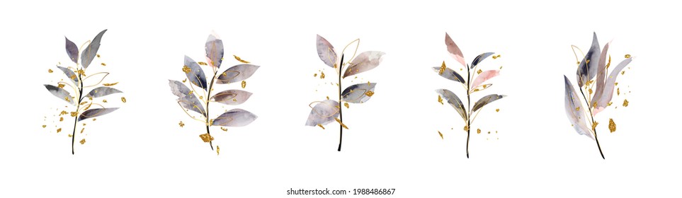 Luxury wedding bouquets watercolor and gold splatters vector set. Floral foliage, tropical leaves, artificial plants , Botanical art design set for wedding logo, wall art, canvas prints, invite card.