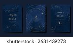 Luxury wedding card design vector set. Elegant invitation card with little star moon sun meteor and space decoration on navy blue background. Design illustration for cover, poster, gala.