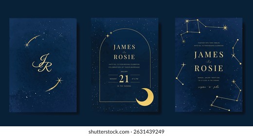 Luxury wedding card design vector set. Elegant invitation card with little star moon sun meteor and space decoration on navy blue background. Design illustration for cover, poster, gala.