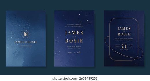 Luxury wedding card design vector set. Elegant invitation card with little star moon sun meteor and space decoration on navy blue background. Design illustration for cover, poster, gala.