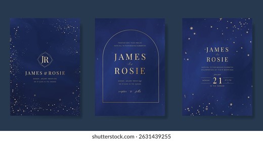 Luxury wedding card design vector set. Elegant invitation card with little star moon sun meteor and space decoration on navy blue background. Design illustration for cover, poster, gala.
