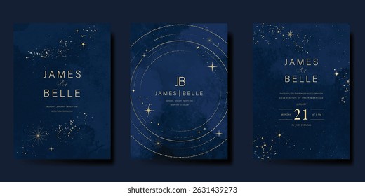 Luxury wedding card design vector set. Elegant invitation card with little star moon sun meteor and space decoration on navy blue background. Design illustration for cover, poster, gala.
