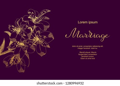 Luxury wedding card with lily sketch flowers, leaves. Marriage card template. Vector floral invitation background. Hand drawn typography lettering poster, gold objects on dark purple background.