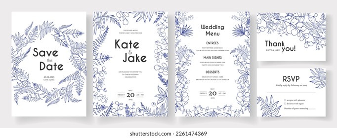 Luxury Wedding cards collection with herbs, eucalyptus and fern branches hand drawn with beige ink on deep blue. Save the Date invitation, menu, rsvp and thank you cards template. Vector