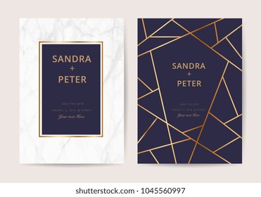 Luxury Wedding Cards With Marble Texture And Gold Geometric Line Design For Cover, Banner, Invitation, Vector Illustration