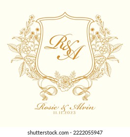 Luxury Wedding Crest Monogram. RA initial wedding crest. Beautiful hand drawn vintage crests with flowers Vector illustration.