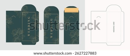 Luxury Wedding Envelope die cut and mock up template, Vector illustration. Envelopes mockup front and back view.