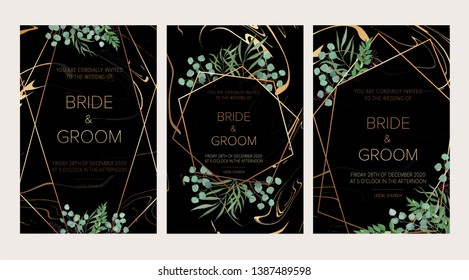 Luxury Wedding floral invitation, thank you modern card: rosemary, eucalyptus branches wreath on black marble texture with a golden trendy geometric pattern.. All elements are isolated and editable
