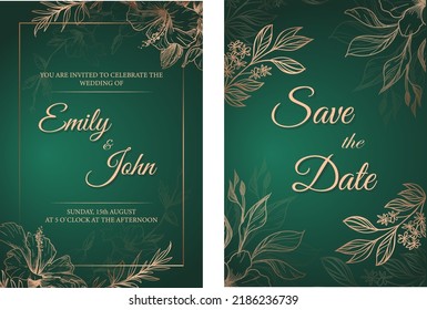 Diseño de tarjeta de visitación verde de bodas de lujo. Guardar la fecha de ilustración portadora floral para el matrimonio con hojas doradas