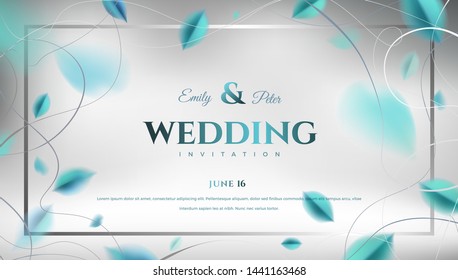 Luxury wedding invitation background with blue leaves and silver color rich elegant decoration vector design