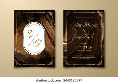 Tarjeta de invitación de boda de lujo con fondo de pintura de tinta de alcohol en color chocolate. Textura abstracta del mármol para la plantilla de la celebración del matrimonio. Maqueta de tarjeta de compromiso