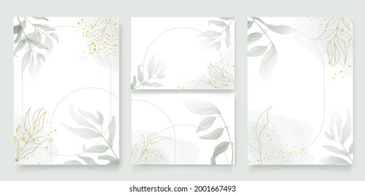 Luxury wedding invitation card background with golden arch shape line and botanical leaves, Watercolor splash. Vector invite design for wedding and vip cover template.Abstract art background vector