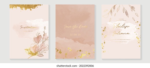 Luxury wedding invitation card background  with golden line art flower and botanical leaves, Organic shapes, Watercolor. Abstract art background vector design for wedding and vip cover template.