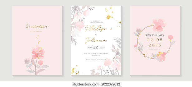 Luxury wedding invitation card background  with golden line art flower and botanical leaves, Organic shapes, Watercolor. Abstract art background vector design for wedding and vip cover template.