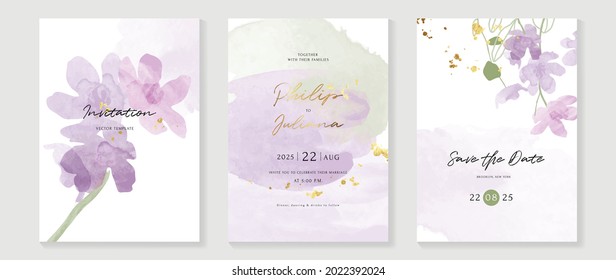 Lujoso fondo de tarjeta de invitación de boda con flor de arte de línea dorada y hojas botánicas, formas orgánicas, acuarela. Resumen de diseño vectorial de fondo de arte para la plantilla de portada de bodas y vip.