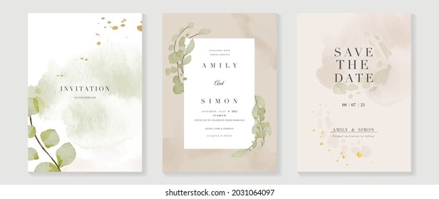 Lujoso fondo de tarjeta de invitación de boda con flor de arte de línea dorada y hojas botánicas, formas orgánicas, acuarela. Resumen de diseño vectorial de fondo de arte para la plantilla de portada de bodas y vip.