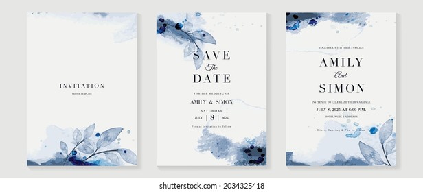 Luxury wedding invitation card background  with golden line art flower and botanical leaves, Organic shapes, Blue Watercolor. Abstract art background vector design for wedding and vip cover template.