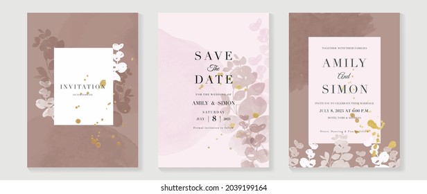 Luxury wedding invitation card background  with golden line art flower and botanical leaves, Organic shapes, Watercolor. Abstract art background vector design for wedding and vip cover template.