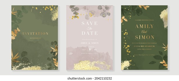 Lujoso fondo de tarjeta de invitación de boda con flor de arte de línea dorada y hojas botánicas, formas orgánicas, acuarela. Resumen de diseño vectorial de fondo de arte para la plantilla de portada de bodas y vip.
